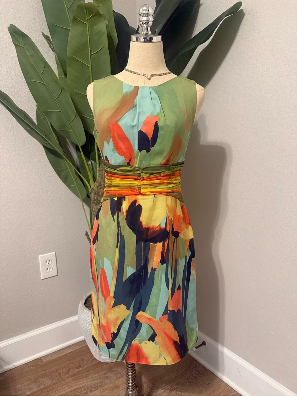 Adrianna Papell Abstract Watercolor Floral Sheath Dress Ruching Green Multi